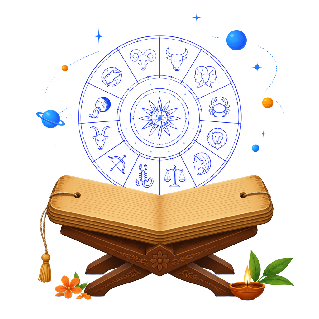 Illustration of an open palm-leaf Nadi manuscript with a glowing Vedic zodiac chart wheel above it